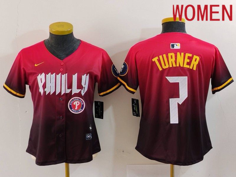Women Philadelphia Phillies #7 Turner Red City Edition 2024 Nike MLB Jersey style 5->women mlb jersey->Women Jersey